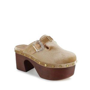 Elegant Tan Mules with Rhinestone Buckle